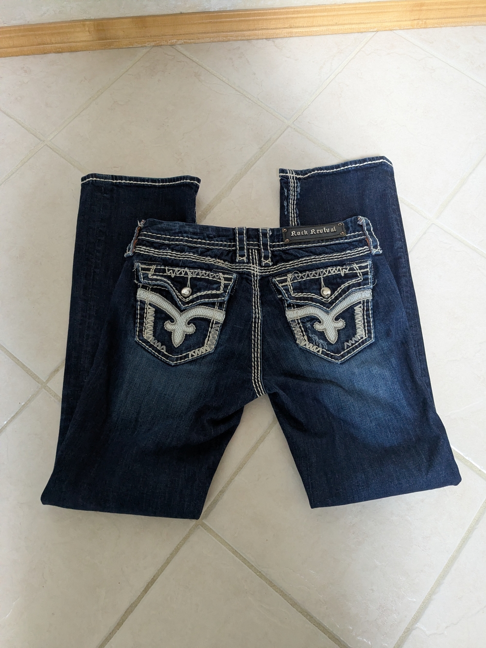 Rock Revival Dark Indigo Bootcut Jeans with Embroidered Pockets